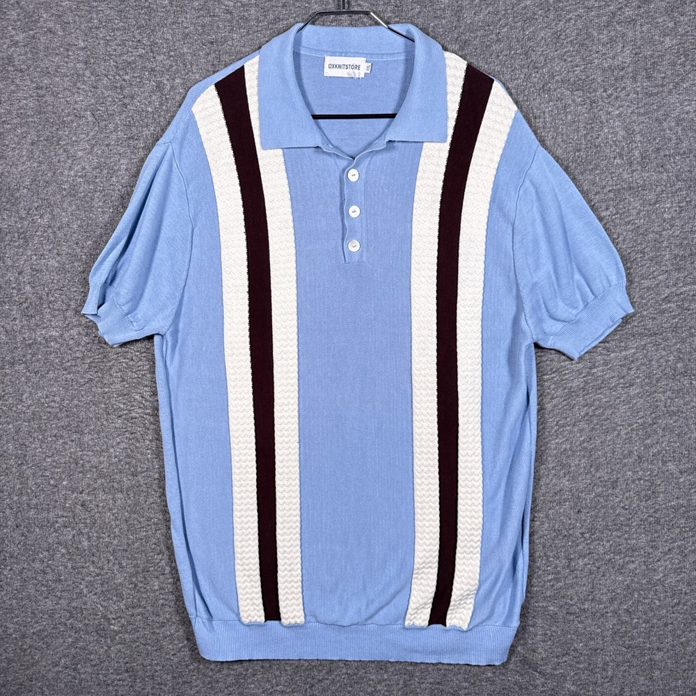 OXKNIT Polo Sweater Shirt Mens XXL Blue Knit Short Sleeve Mod MCM Retro 70s